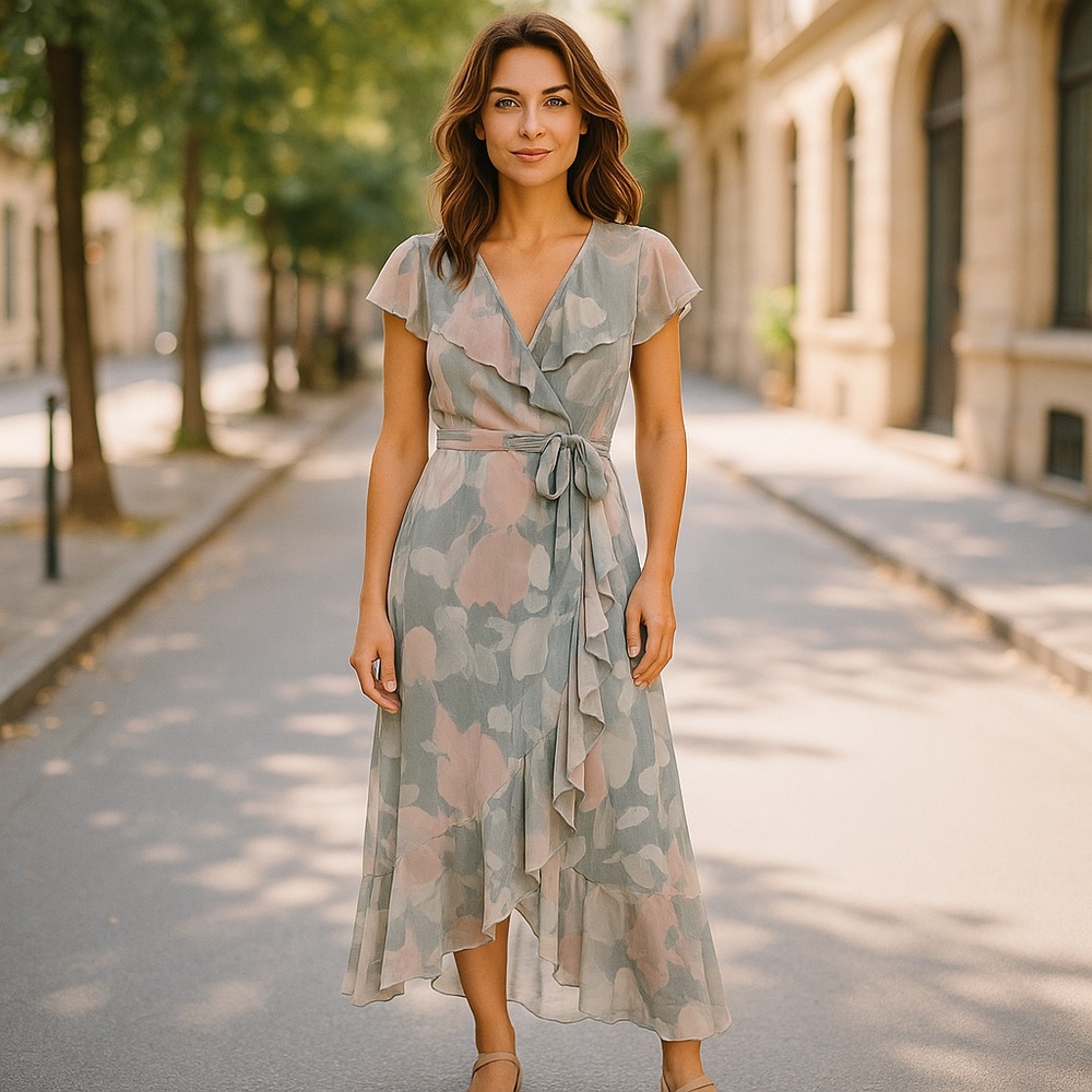 Show Me Your Mumu Jess Green Floral Ruffle Wrap Midi Dress XS